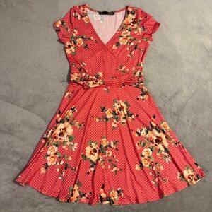 Rebel Sugar Pink Floral Short Sleeve Dress Women's Size M Faux Wrap Summer Girly